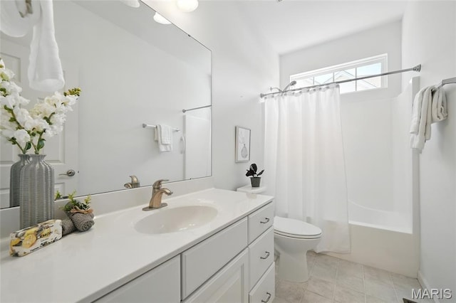 bathroom featuring toilet, vanity, shower / bathtub combination with curtain, and tile patterned flooring