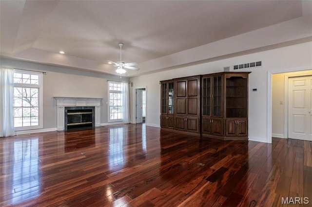 10 Dunbridge Ct, Glen Carbon, IL 62034 - unfurnished living room featuring a tray ceiling, hardwood / wood-style flooring, ceiling fan, and a premium fireplace