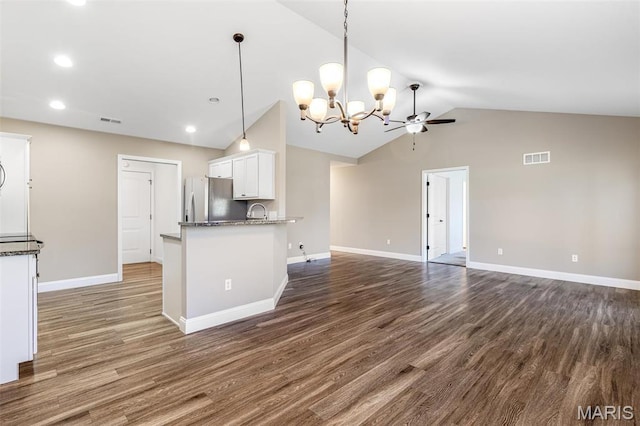 533 Windsor Ln, Farmington, MO 63640 - kitchen featuring stainless steel refrigerator with ice dispenser, a chandelier, white cabinets, open floor plan, and baseboards
