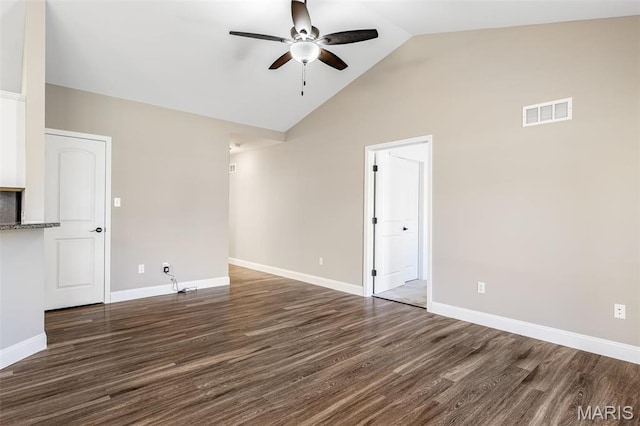533 Windsor Ln, Farmington, MO 63640 - unfurnished living room featuring a ceiling fan, dark wood-style flooring, baseboards, and high vaulted ceiling
