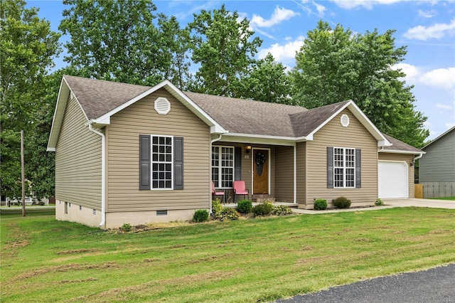 ranch-style house with a porch, crawl space, roof with shingles, an attached garage, and concrete driveway