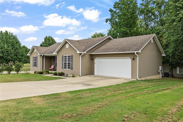 ranch-style home featuring a garage, concrete driveway, a shingled roof, and central AC unit