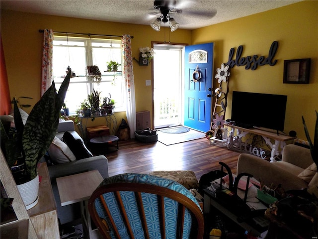 living area featuring a ceiling fan, a textured ceiling, and wood finished floors
