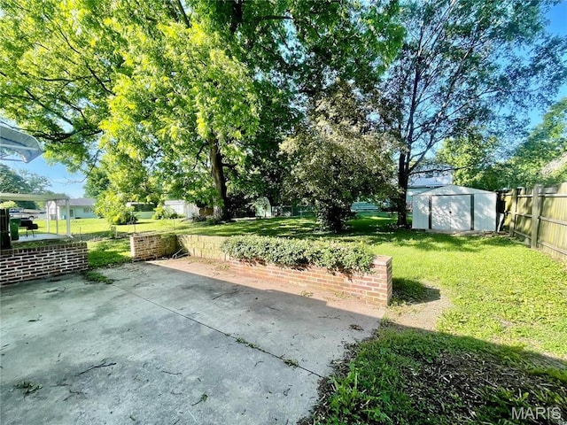 view of yard featuring a shed, a patio area, and an outbuilding
