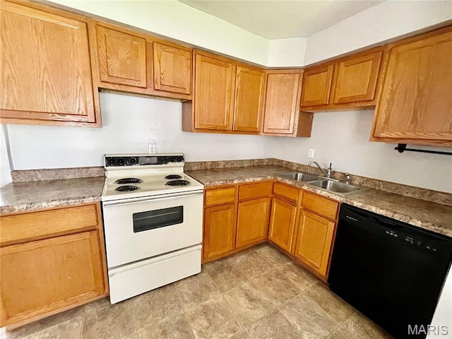 2209 Terminal Ave, Granite City, IL 62040 - kitchen featuring white electric range oven, black dishwasher, a sink, and brown cabinets