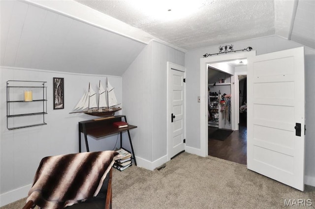 515 N Washington St, Mexico, MO 65265 - sitting room featuring carpet flooring, a textured ceiling, vaulted ceiling, and baseboards