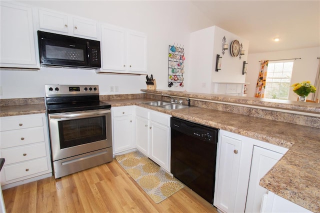 21680 N Horizonway N, Saint Robert, MO 65584 - kitchen with black appliances, white cabinets, light wood-style floors, a sink, and recessed lighting