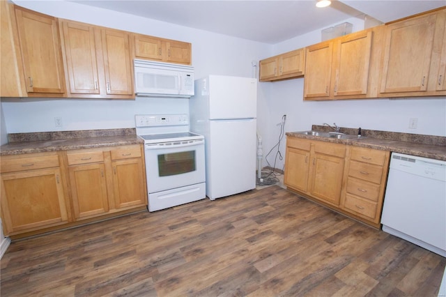 21680 N Horizonway N, Saint Robert, MO 65584 - kitchen featuring white appliances, a sink, dark countertops, and dark wood finished floors