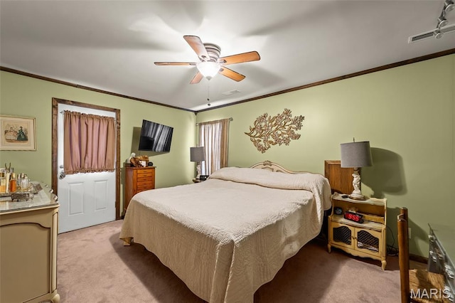 705 Jefferson St, Fulton, MO 65251 - bedroom with light colored carpet, crown molding, and a ceiling fan