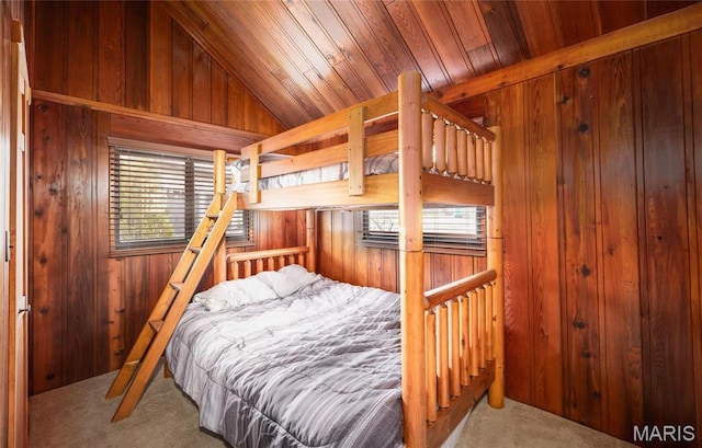 1382 Osage Rd, Cuba, MO 65453 - carpeted bedroom featuring vaulted ceiling and wooden walls