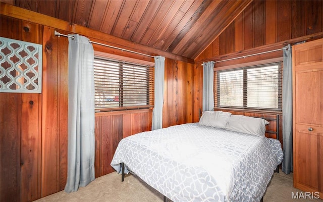 1382 Osage Rd, Cuba, MO 65453 - carpeted bedroom featuring vaulted ceiling, wooden walls, and wooden ceiling
