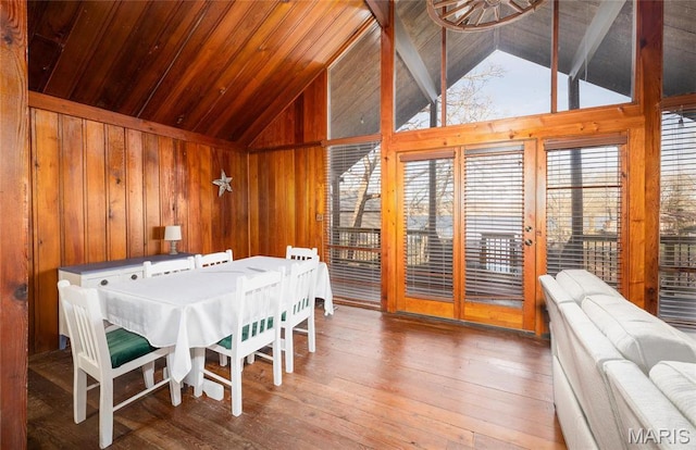1382 Osage Rd, Cuba, MO 65453 - dining area featuring vaulted ceiling, wood walls, hardwood / wood-style flooring, and wood ceiling