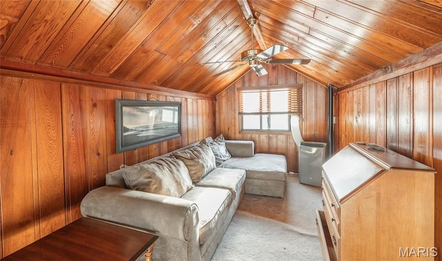 1382 Osage Rd, Cuba, MO 65453 - living room with wood walls, lofted ceiling, wood ceiling, a ceiling fan, and light carpet