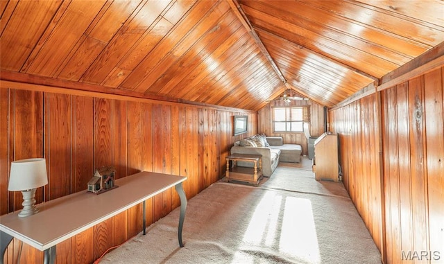 1382 Osage Rd, Cuba, MO 65453 - bedroom featuring wooden walls, lofted ceiling, wood ceiling, and light carpet
