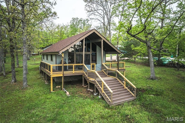 1382 Osage Rd, Cuba, MO 65453 - back of property featuring a lawn, a shingled roof, and stairway