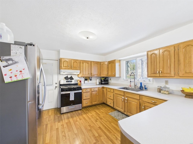 16892 Beaufort Rd, Crocker, MO 65452 - kitchen featuring stainless steel appliances, under cabinet range hood, a sink, light wood-style floors, and light countertops