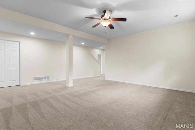 724 E Wesley Dr, Ofallon, IL 62269 - finished below grade area featuring ceiling fan, carpet, baseboards, and recessed lighting