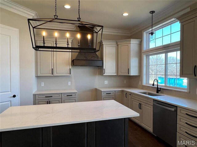 kitchen with stainless steel dishwasher, a sink, light stone counters, crown molding, and recessed lighting