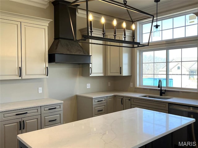 kitchen with custom range hood, dishwasher, a sink, ornamental molding, and light stone countertops