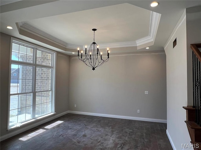unfurnished room featuring a raised ceiling, crown molding, a chandelier, baseboards, and recessed lighting
