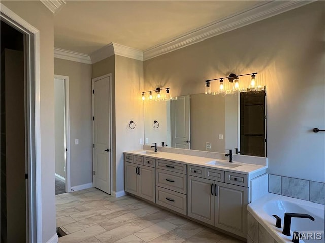 bathroom featuring double vanity, crown molding, a relaxing tiled tub, and marble finish flooring