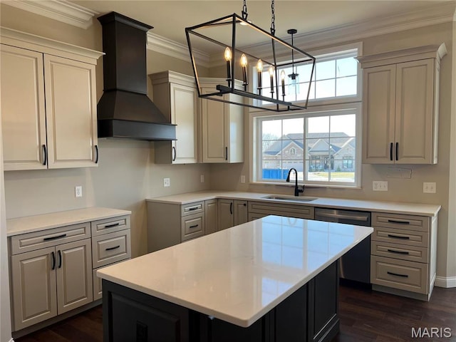 kitchen with custom exhaust hood, dishwasher, a sink, a chandelier, and dark wood finished floors