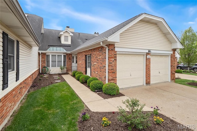 7310 Westover Colonial Ln, Saint Louis, MO 63119 - view of front of house featuring brick siding, an attached garage, concrete driveway, a shingled roof, and a chimney