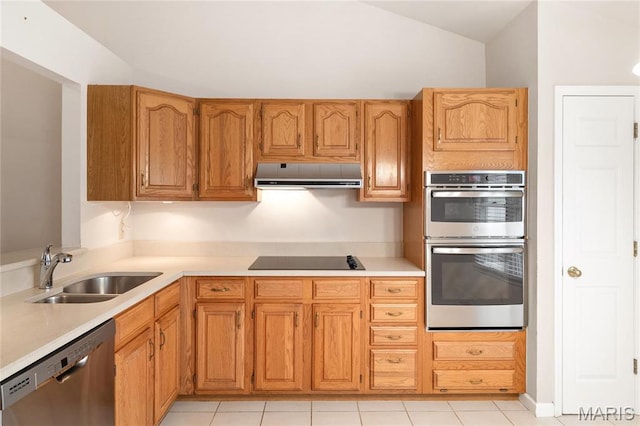 7310 Westover Colonial Ln, Saint Louis, MO 63119 - kitchen with ventilation hood, appliances with stainless steel finishes, a sink, light countertops, and lofted ceiling