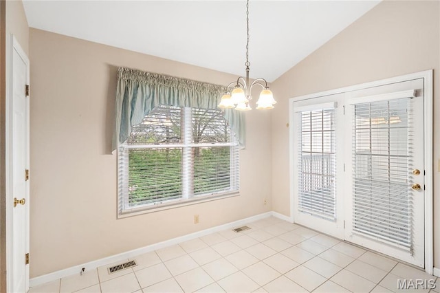 7310 Westover Colonial Ln, Saint Louis, MO 63119 - unfurnished dining area with a chandelier, lofted ceiling, baseboards, and tile patterned flooring