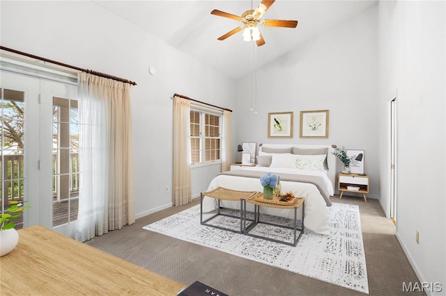 7310 Westover Colonial Ln, Saint Louis, MO 63119 - bedroom with access to exterior, carpet flooring, baseboards, high vaulted ceiling, and ceiling fan
