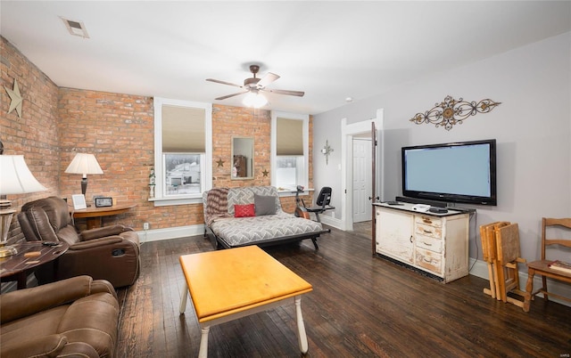 305 S Alvarado Ave, Belle, MO 65013 - living room featuring brick wall, a ceiling fan, baseboards, and dark wood-style floors
