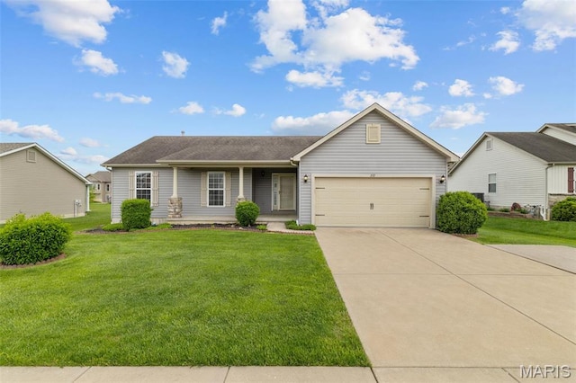 ranch-style house featuring an attached garage, a front yard, driveway, and a porch