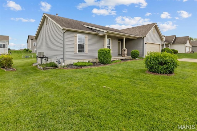 ranch-style home featuring a front yard, an attached garage, roof with shingles, and covered porch