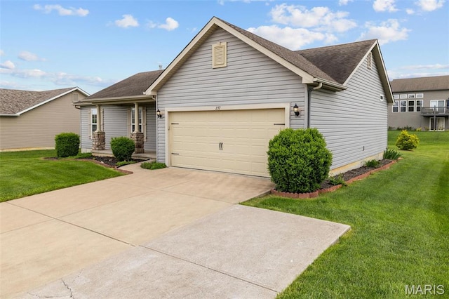 single story home featuring a garage, a front lawn, concrete driveway, and roof with shingles