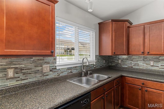 kitchen featuring a sink, dark countertops, and backsplash