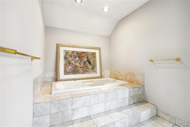 910 Kent Rd, Ladue, MO 63124 - full bathroom featuring a bath, lofted ceiling, tile patterned flooring, and recessed lighting