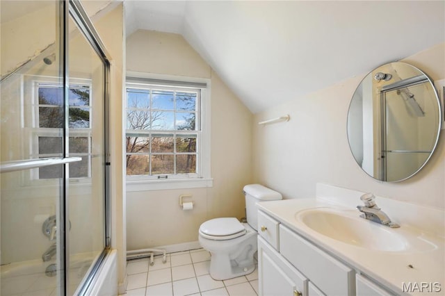 910 Kent Rd, Ladue, MO 63124 - full bathroom featuring vaulted ceiling, vanity, tile patterned flooring, and bath / shower combo with glass door