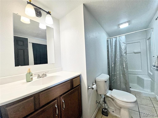 703 S Main St, Troy, IL 62294 - bathroom featuring vanity, a textured ceiling, tile patterned floors, toilet, and curtained shower
