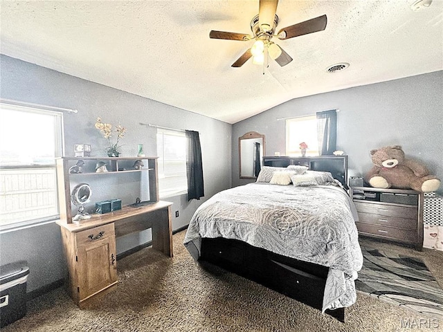 703 S Main St, Troy, IL 62294 - carpeted bedroom with a textured ceiling, vaulted ceiling, multiple windows, and ceiling fan