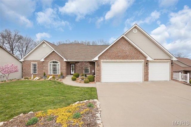 2009 Weber Heights Dr, Washington, MO 63090 - ranch-style home featuring brick siding, an attached garage, a front lawn, and driveway