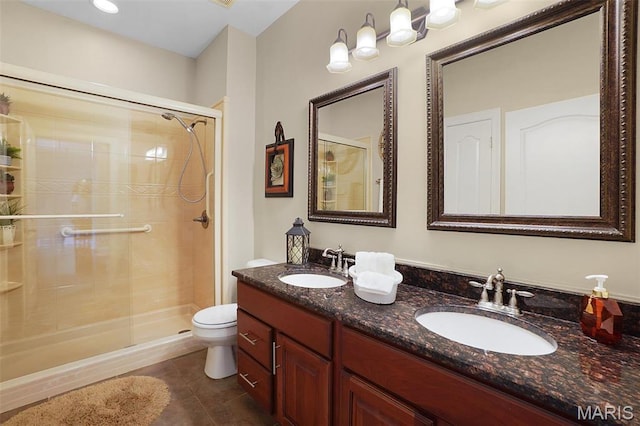 2009 Weber Heights Dr, Washington, MO 63090 - bathroom with a stall shower, tile patterned floors, toilet, and double vanity