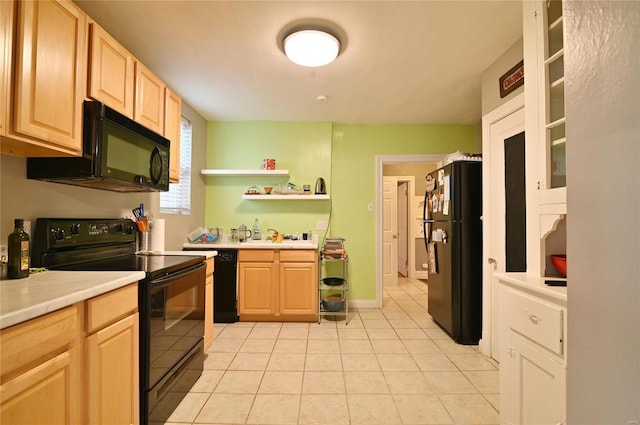 7227 Dartmouth Ave, Saint Louis, MO 63130 - kitchen featuring black appliances, light tile patterned floors, light brown cabinets, open shelves, and light countertops