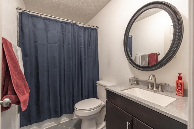 15105 Transit Rd, Saint Robert, MO 65584 - bathroom with a textured ceiling, tile patterned flooring, toilet, vanity, and curtained shower
