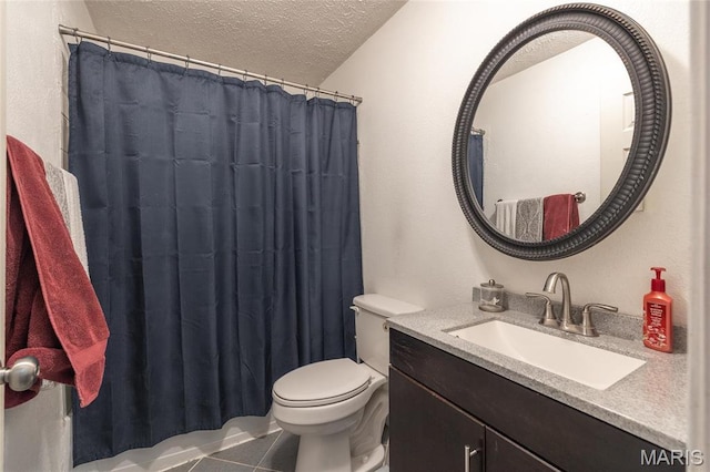 15105 Transit Rd, Saint Robert, MO 65584 - bathroom featuring a textured ceiling, vanity, toilet, tile patterned floors, and a shower with shower curtain