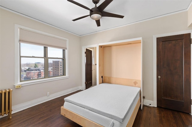 4440 Lindell Blvd Unit 701, Saint Louis, MO 63108 - bedroom featuring radiator, dark wood finished floors, baseboards, and a ceiling fan