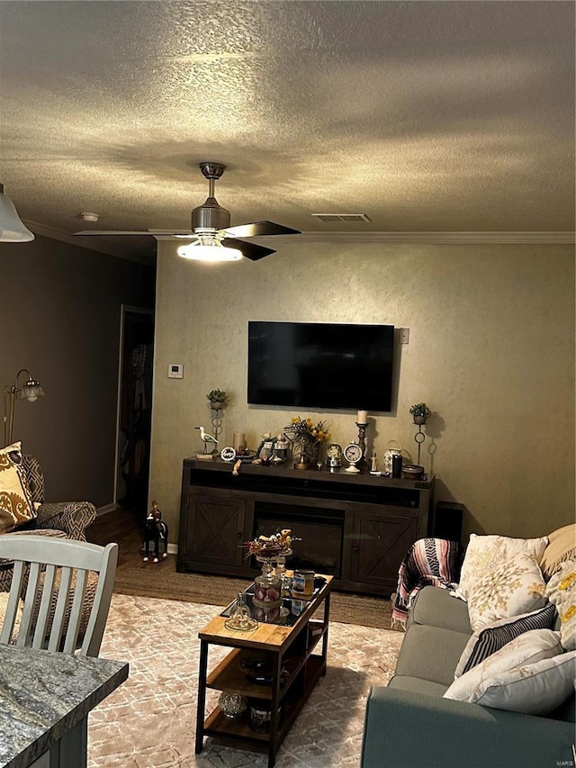 610 W Maple St, Advance, MO 63730 - living area with crown molding, ceiling fan, a textured ceiling, and baseboards
