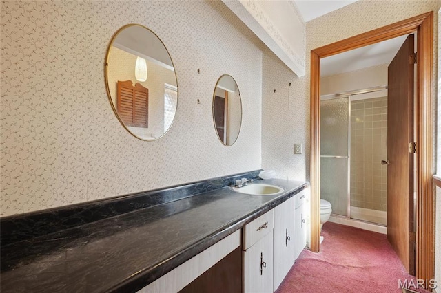 32 Oak Forest Dr, Saint Charles, MO 63303 - full bath with wallpapered walls, vanity, and a stall shower