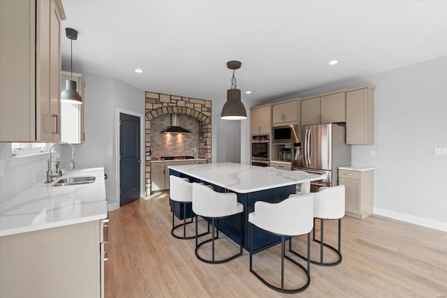 5 Canebrake Ct, Wentzville, MO 63385 - kitchen featuring a sink, appliances with stainless steel finishes, a kitchen island, light wood finished floors, and recessed lighting