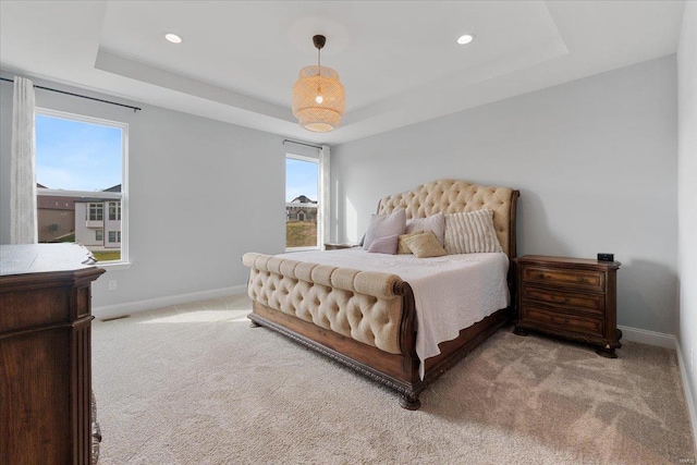 5 Canebrake Ct, Wentzville, MO 63385 - bedroom with a raised ceiling, baseboards, light colored carpet, and recessed lighting