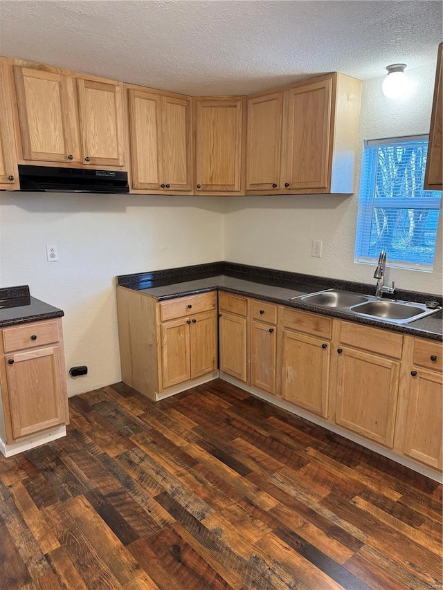 2012 Bradley, Kennett, MO 63857 - kitchen featuring a sink, under cabinet range hood, dark wood finished floors, a textured ceiling, and dark countertops